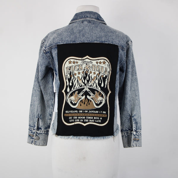 Originality NEW $58 Sz M Blue Denim Rock N Roll Patch 100% Cotton Jacket