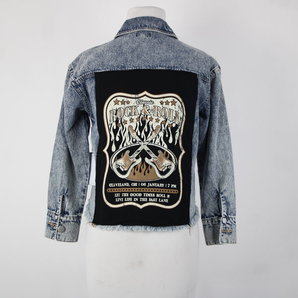 Originality NEW $58 Sz M Blue Denim Rock N Roll Patch 100% Cotton Jacket