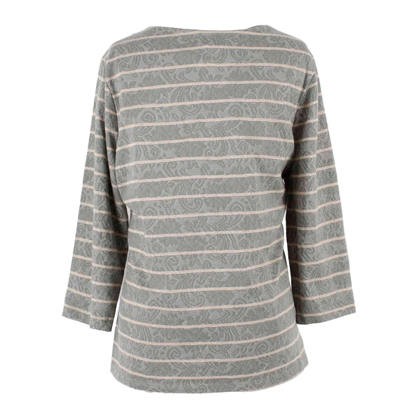 Chicos NEW $69 Lani Sz 2 Moss Cream Green Gold Striped Lace Cotton Polyester Top