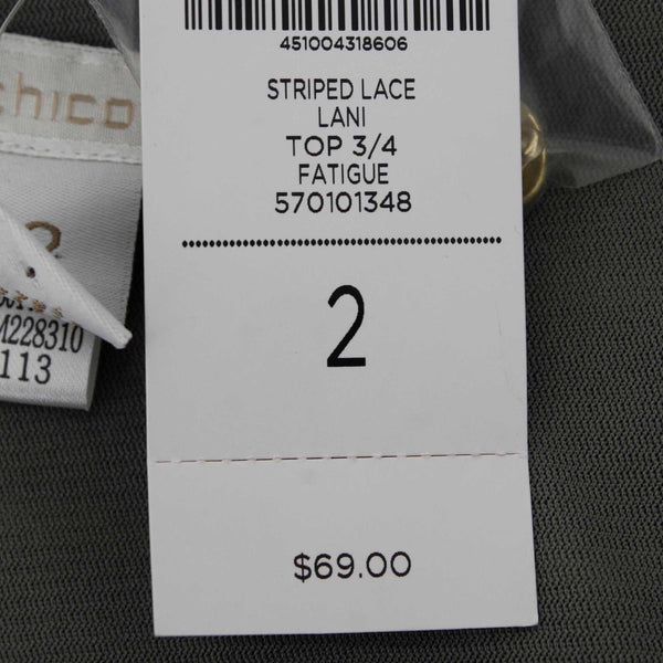 Chicos NEW $69 Lani Sz 2 Moss Cream Green Gold Striped Lace Cotton Polyester Top