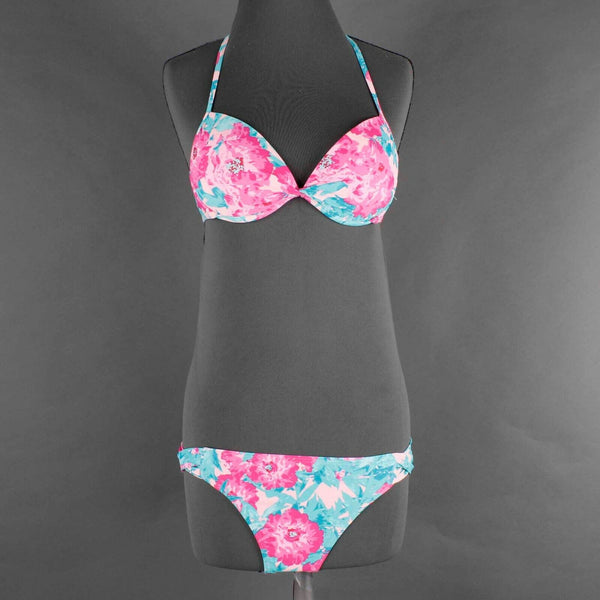 Xhilaration Sz M Pink Teal 2Pc Halter Nylon Spandex Poly Underwire Swimsuit