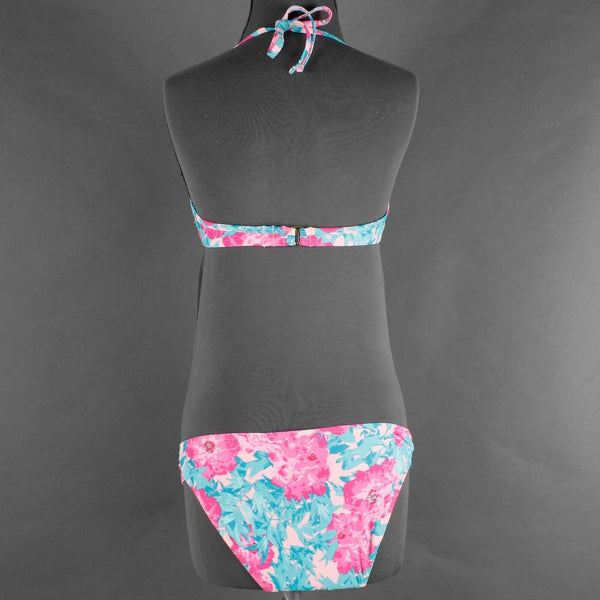 Xhilaration Sz M Pink Teal 2Pc Halter Nylon Spandex Poly Underwire Swimsuit