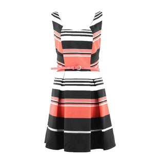 Trixxi Sz 9 Black White Coral Striped Belted Polyester Blnd Fit Flare Dress