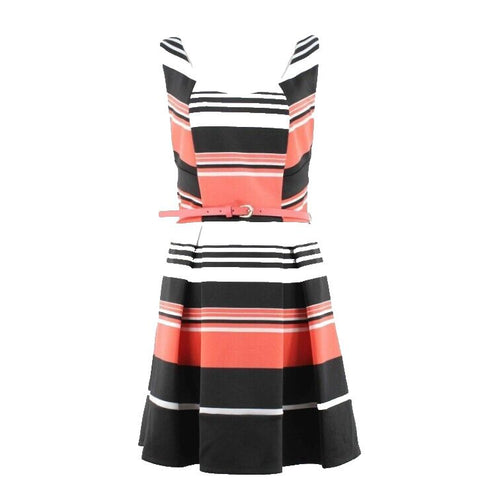 Trixxi Sz 9 Black White Coral Striped Belted Polyester Blnd Fit Flare Dress