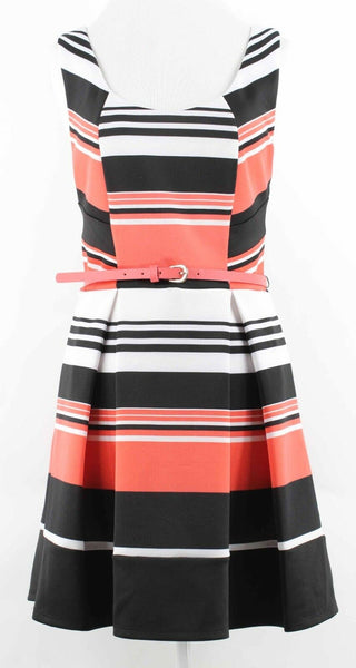 Trixxi Sz 9 Black White Coral Striped Belted Polyester Blnd Fit Flare Dress