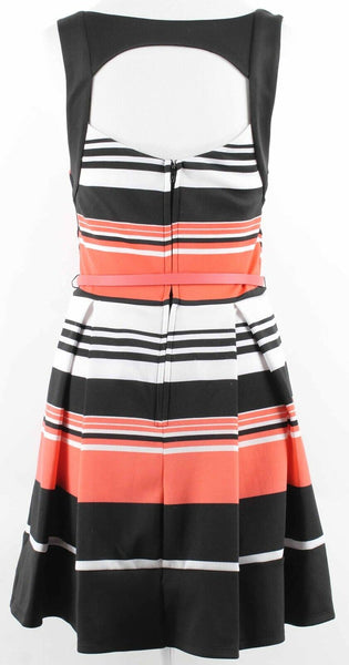 Trixxi Sz 9 Black White Coral Striped Belted Polyester Blnd Fit Flare Dress