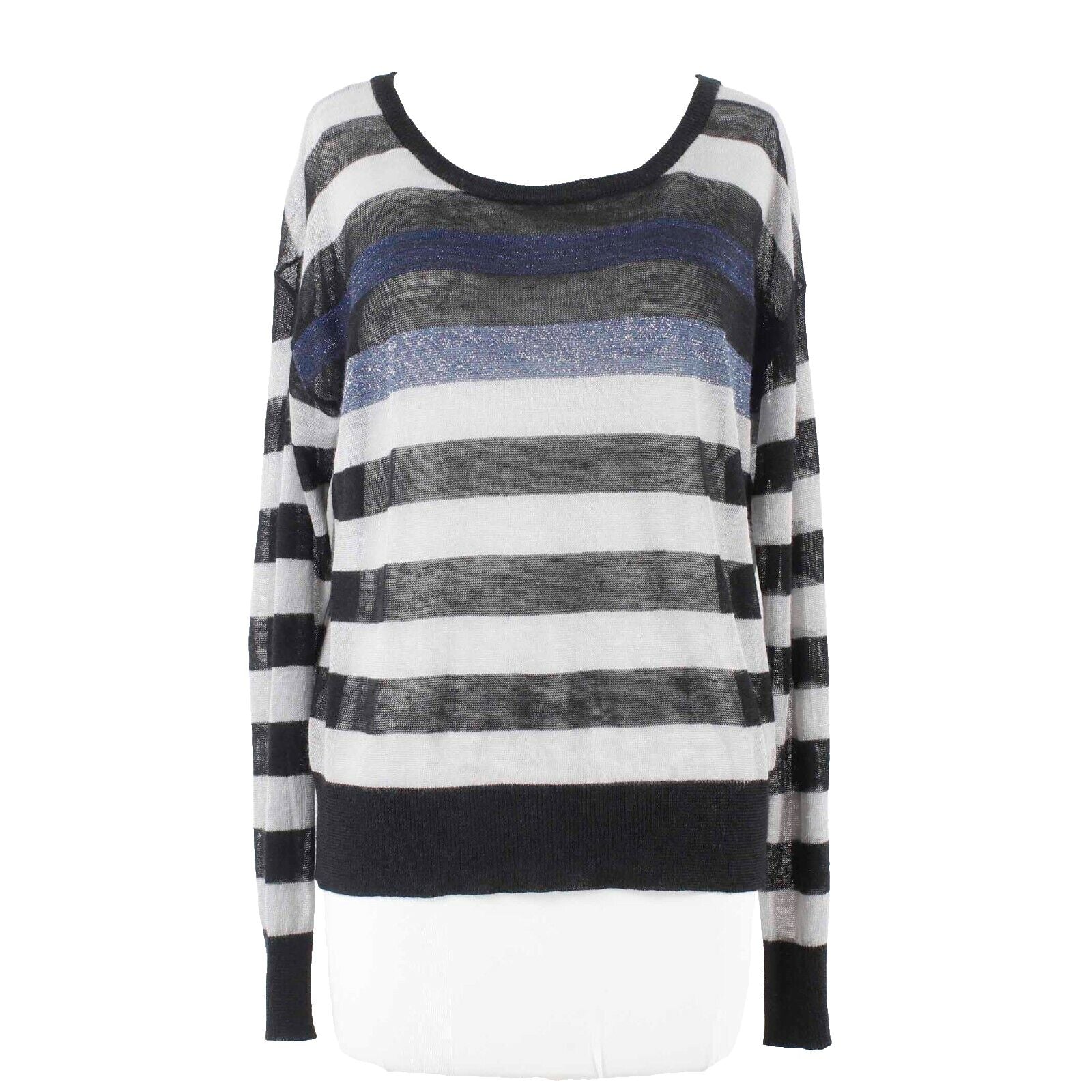 Willow Clay Sz L? Black Gray Navy Open Knit Sheer Striped Ramie Viscose Top
