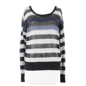 Willow Clay Sz L? Black Gray Navy Open Knit Sheer Striped Ramie Viscose Top