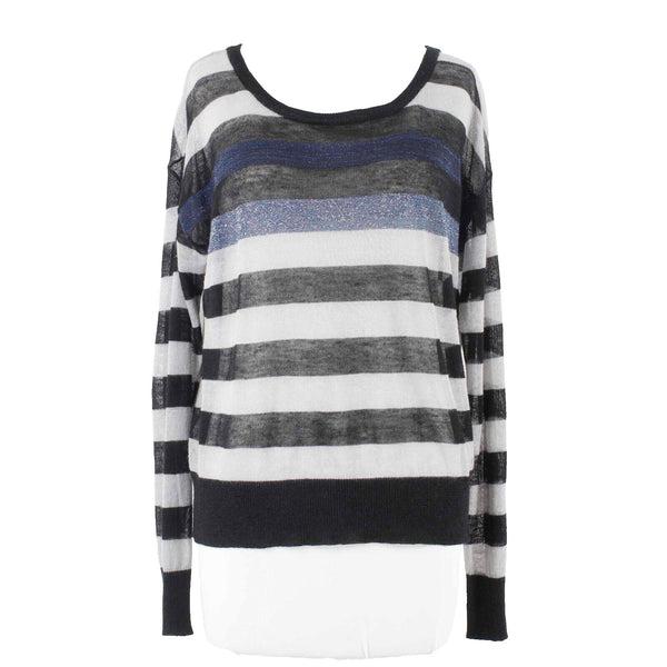 Willow Clay Sz L? Black Gray Navy Open Knit Sheer Striped Ramie Viscose Top