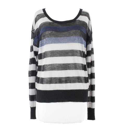 Willow Clay Sz L? Black Gray Navy Open Knit Sheer Striped Ramie Viscose Top