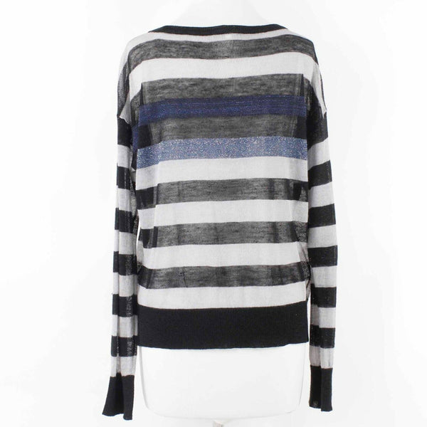 Willow Clay Sz L? Black Gray Navy Open Knit Sheer Striped Ramie Viscose Top