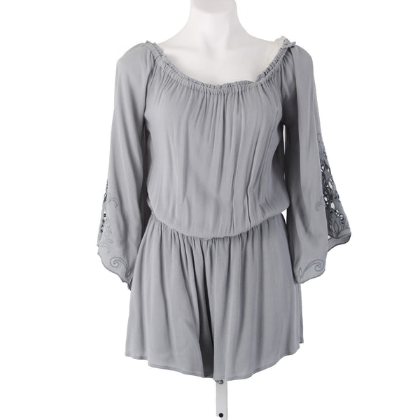 Kori America Romper NEW Sz M x 2 Gray Embordered Sleeve Ruching 100% Rayon