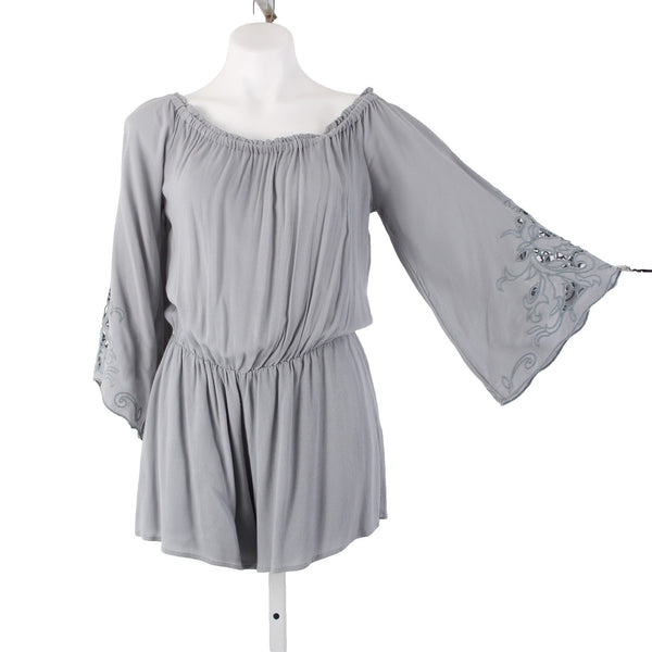 Kori America Romper NEW Sz M x 2 Gray Embordered Sleeve Ruching 100% Rayon