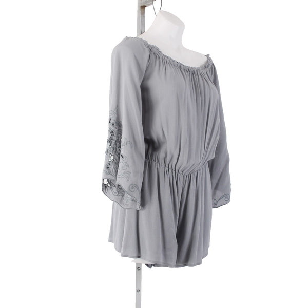 Kori America Romper NEW Sz M x 2 Gray Embordered Sleeve Ruching 100% Rayon