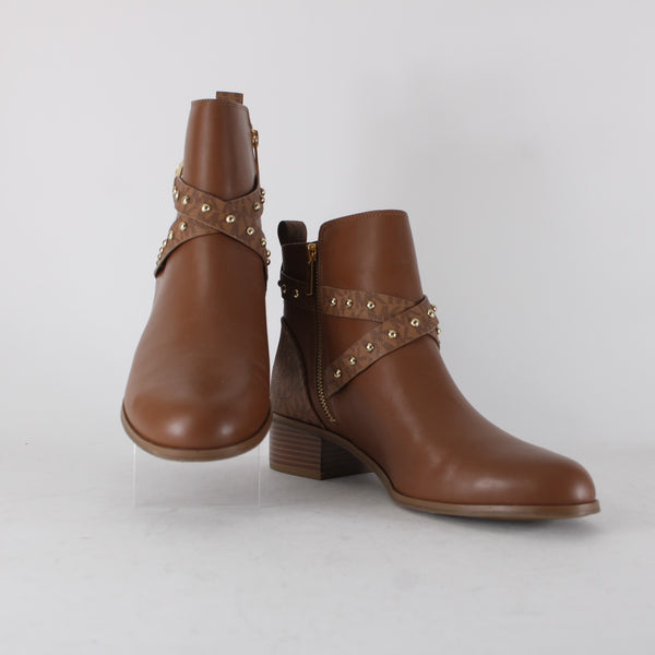 Michael Kors Booties Sz 11M Brown Gold Hardware Logo Leather Rubber Ankle Bootie