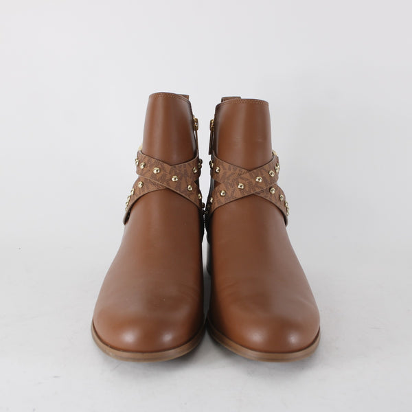 Michael Kors Booties Sz 11M Brown Gold Hardware Logo Leather Rubber Ankle Bootie