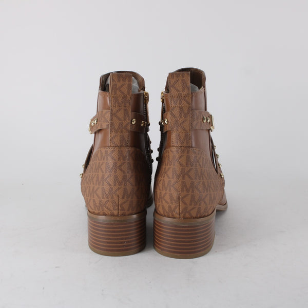 Michael Kors Booties Sz 11M Brown Gold Hardware Logo Leather Rubber Ankle Bootie