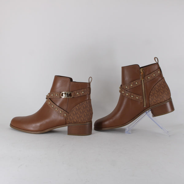 Michael Kors Booties Sz 11M Brown Gold Hardware Logo Leather Rubber Ankle Bootie