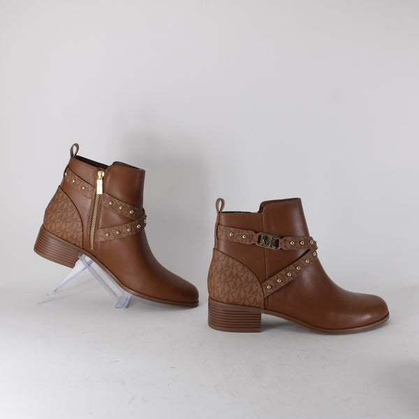 Michael Kors Booties Sz 11M Brown Gold Hardware Logo Leather Rubber Ankle Bootie