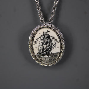 Sterling Silver Cream Ship Pin Brooch Convert 28" Necklace