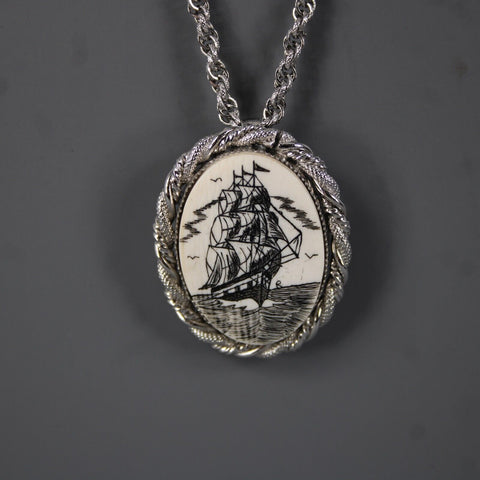 Sterling Silver Cream Ship Pin Brooch Convert 28" Necklace