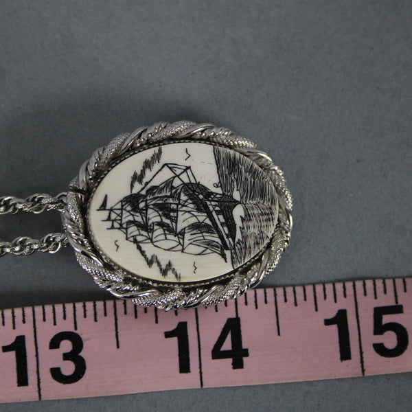 Sterling Silver Cream Ship Pin Brooch Convert 28" Necklace