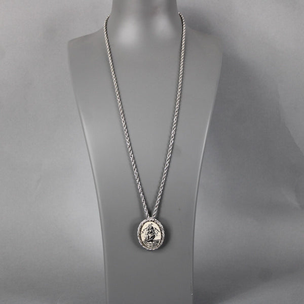 Sterling Silver Cream Ship Pin Brooch Convert 28" Necklace