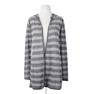 Eileen Fisher Sz XS Gray Striped Hood Open Knit 100% Organic Linen Wrap Sweater