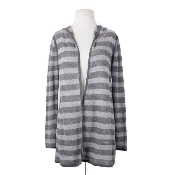 Eileen Fisher Sz XS Gray Striped Hood Open Knit 100% Organic Linen Wrap Sweater