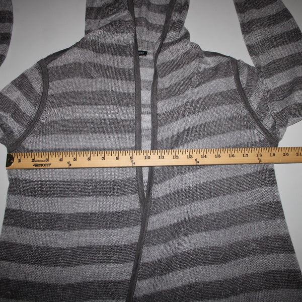 Eileen Fisher Sz XS Gray Striped Hood Open Knit 100% Organic Linen Wrap Sweater