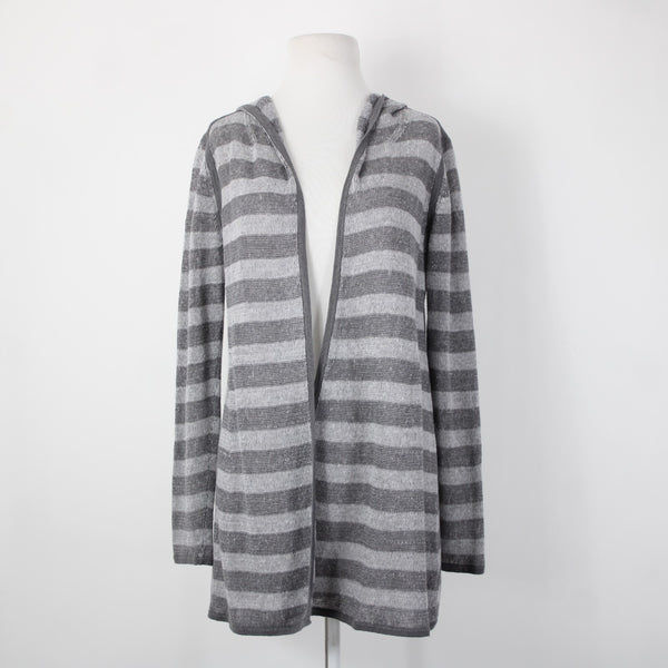 Eileen Fisher Sz XS Gray Striped Hood Open Knit 100% Organic Linen Wrap Sweater