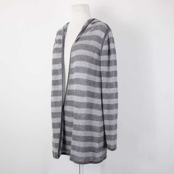 Eileen Fisher Sz XS Gray Striped Hood Open Knit 100% Organic Linen Wrap Sweater