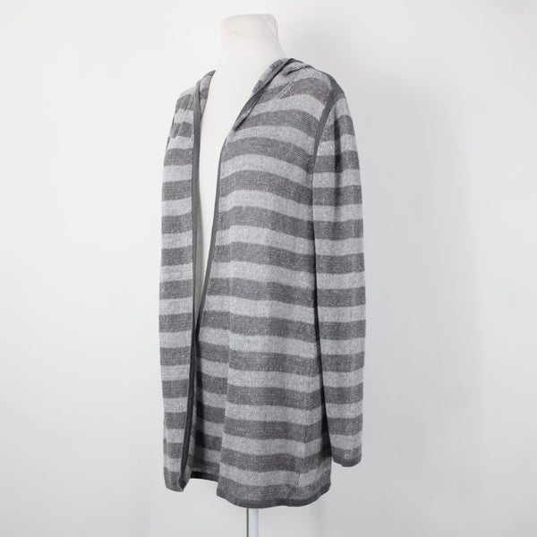 Eileen Fisher Sz XS Gray Striped Hood Open Knit 100% Organic Linen Wrap Sweater
