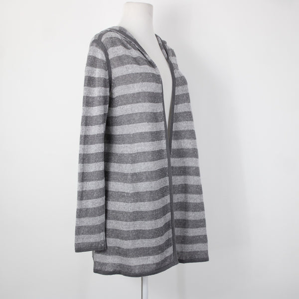 Eileen Fisher Sz XS Gray Striped Hood Open Knit 100% Organic Linen Wrap Sweater