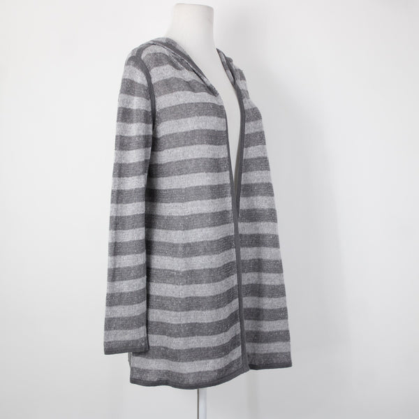 Eileen Fisher Sz XS Gray Striped Hood Open Knit 100% Organic Linen Wrap Sweater