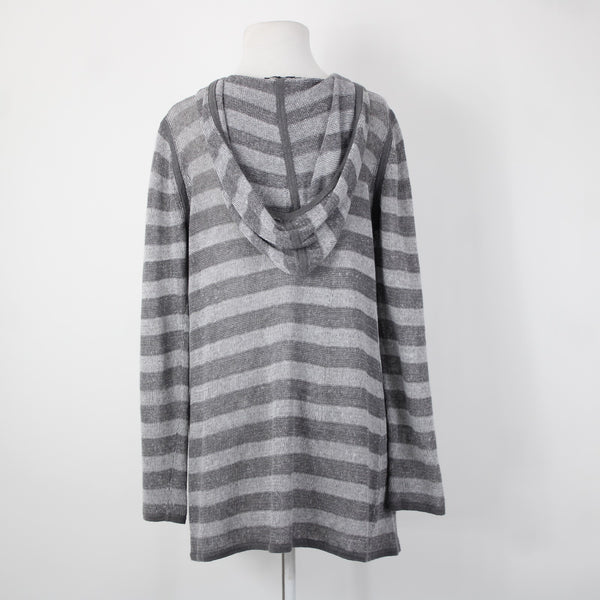 Eileen Fisher Sz XS Gray Striped Hood Open Knit 100% Organic Linen Wrap Sweater