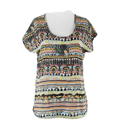 Fun & Flirt Sz S Black Multi Color Back Zip Drop Shoulder 100% Polyester Top