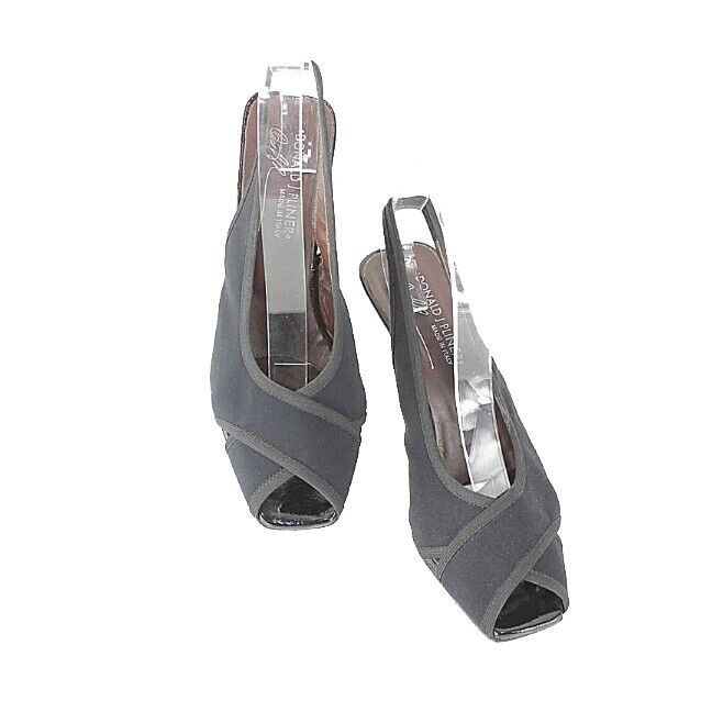 Donald Pliner Sz 8 Black Crepe Elastic Open Toe Slingback Patent 3 Wedge