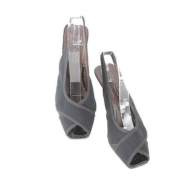 Donald Pliner Sz 8 Black Crepe Elastic Open Toe Slingback Patent 3 Wedge