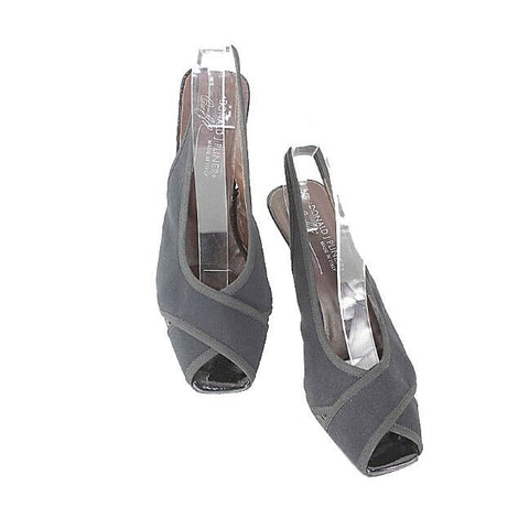 Donald Pliner Sz 8 Black Crepe Elastic Open Toe Slingback Patent 3 Wedge
