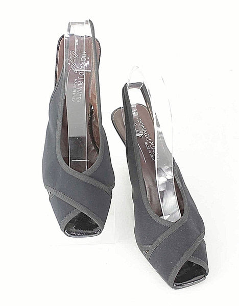 Donald Pliner Sz 8 Black Crepe Elastic Open Toe Slingback Patent 3 Wedge