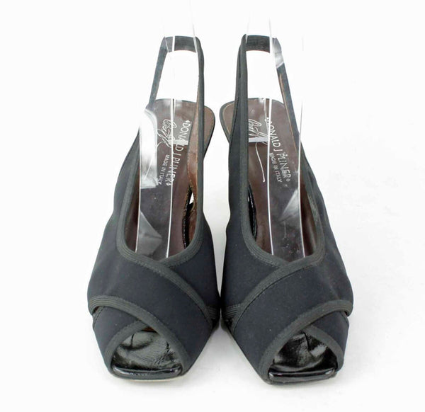 Donald Pliner Sz 8 Black Crepe Elastic Open Toe Slingback Patent 3 Wedge