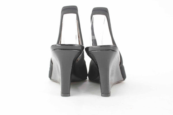 Donald Pliner Sz 8 Black Crepe Elastic Open Toe Slingback Patent 3 Wedge