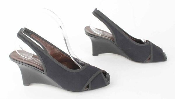 Donald Pliner Sz 8 Black Crepe Elastic Open Toe Slingback Patent 3 Wedge