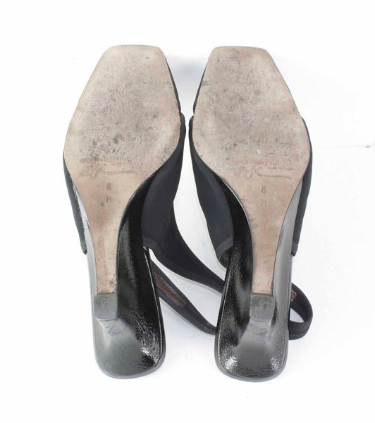 Donald Pliner Sz 8 Black Crepe Elastic Open Toe Slingback Patent 3 Wedge