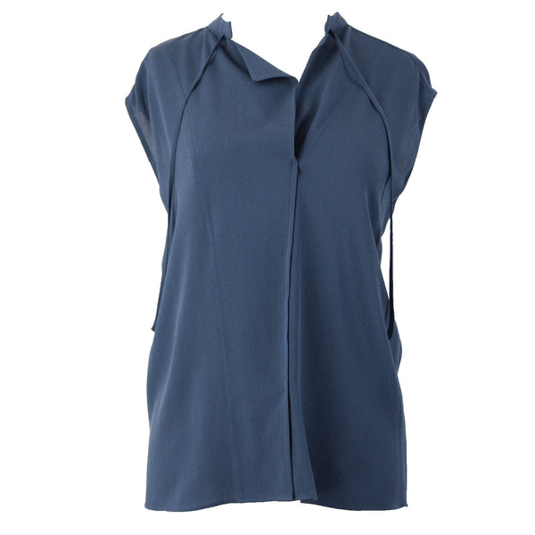 Vince Top Sz M Blue Collared V Neck Unlined 100% Silk Top