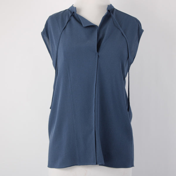 Vince Top Sz M Blue Collared V Neck Unlined 100% Silk Top