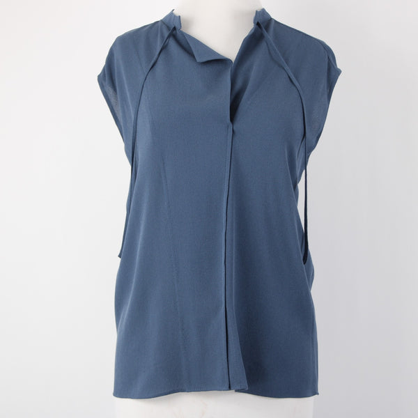 Vince Top Sz M Blue Collared V Neck Unlined 100% Silk Top