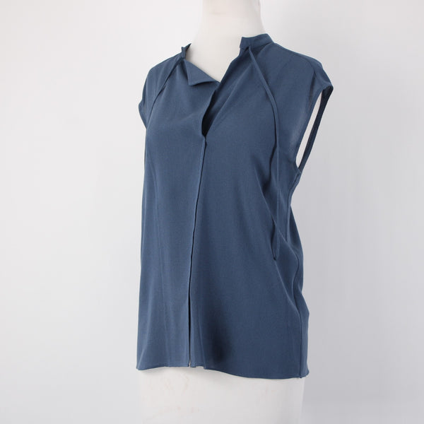 Vince Top Sz M Blue Collared V Neck Unlined 100% Silk Top