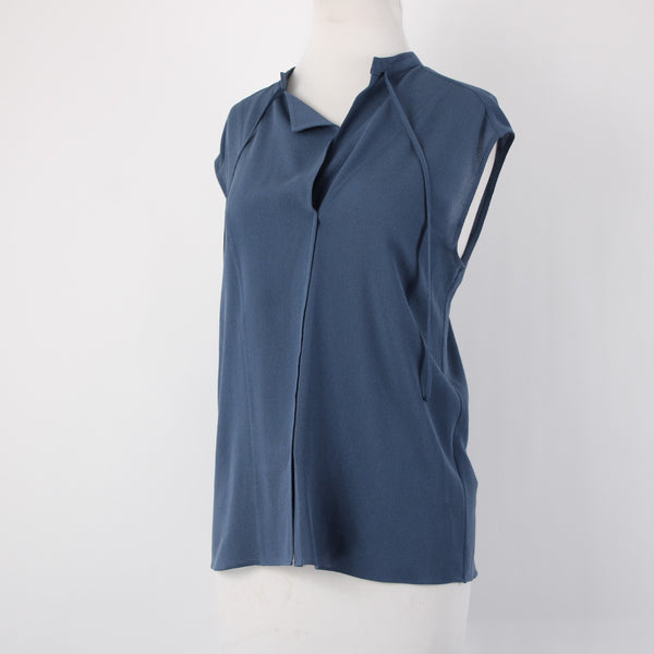 Vince Top Sz M Blue Collared V Neck Unlined 100% Silk Top